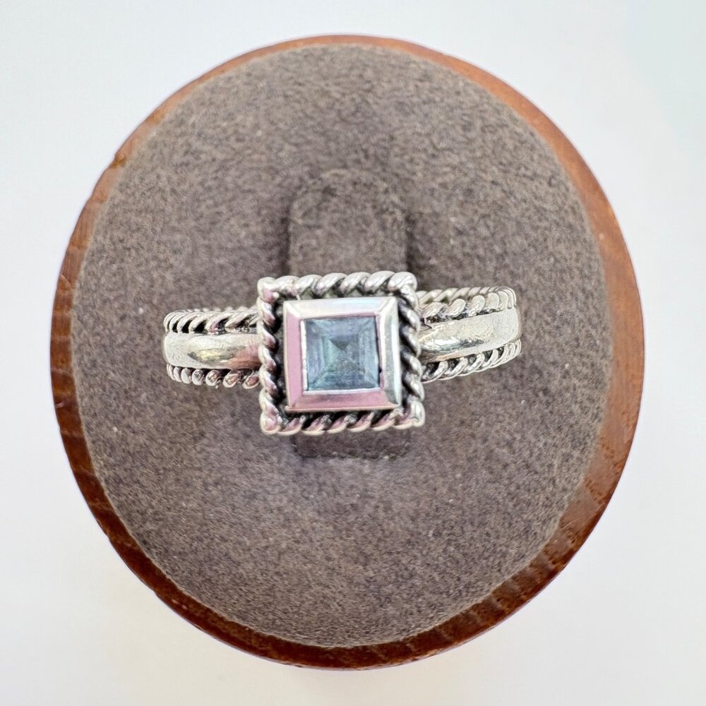 Blue Topaz Rope Border Statement Ring VTG Solid Sterling Silver 925 Size 7.5